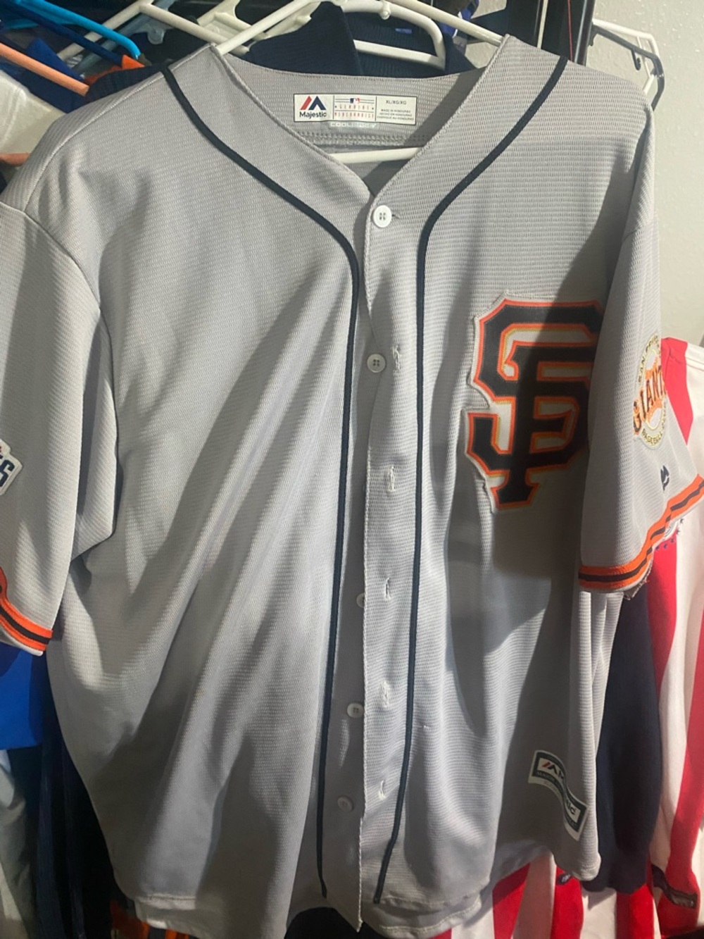 SF Giants Majestic Cool Base Road Jersey XL 2014 with WS Champions Patch